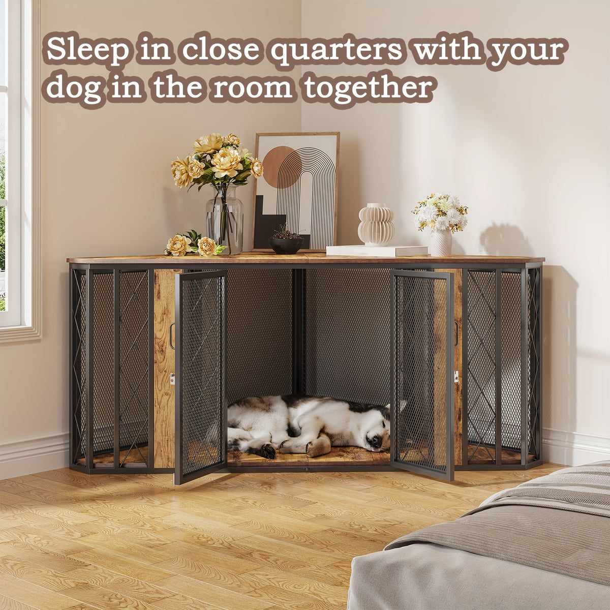 66 Inch Heavy-Duty Large Corner Dog Crate - XL Wood Kennel Cage with Double Doors & Lockable Panels, Spacious Multi-Section Furniture Pet Enclosure for Dogs (Great Danes, Mastiffs) - Sturdy Modern Design /Outdoor Use