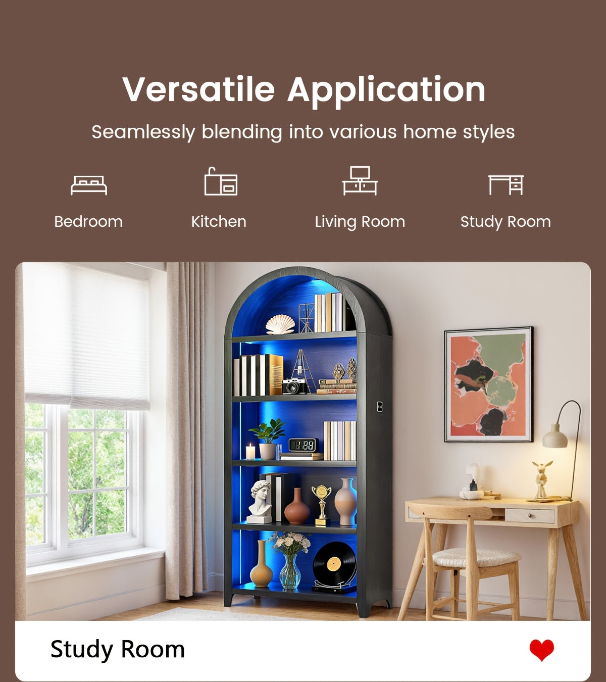 68.9" Arched Display Bookshelf Cabinet - 5-Tier Open Storage Shelf, Freestanding Tall Bookcase for Living Room, Dining Room Or Office (Multiple Finishes)