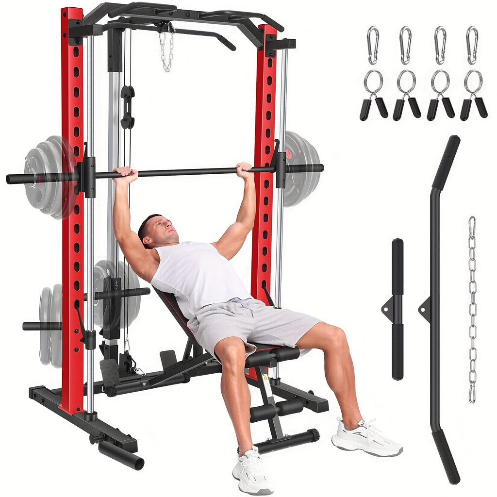 Likein Smith Machine Power Rack with LAT-Pull Down System & Cable Machine, Multi-Function Power Cage with Landmine, Barbell Bar, Plate Storage Pegs And More Training Attachment Squat Rack