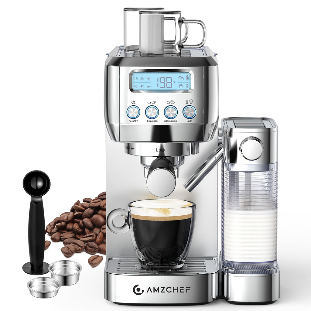 AMZCHEF Coffee Maker Machine 20 Bar, Dual Boiler Espresso Machine with Touch Control, Cappuccino Machines with Automatic Milk Frother, Latte Coffee Maker with Dual Wall And Filters, Gifts for Men/Family, Silver