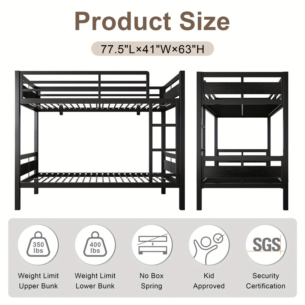 77.5"L Heavy Duty Metal Bed Frame, Twin Over Twin Or Full Over Twin Bunk Bed with Full Length Guardrails And Ladder, Black/Rustic Brown/White Options, Easy Assembly, Suitable for Shared Bedrooms, Bed Frame Without Mattress