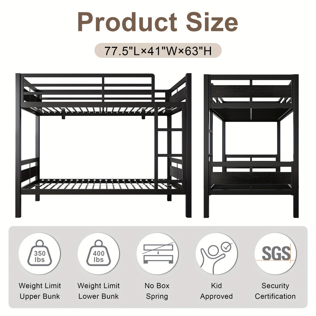 77.5"L Heavy Duty Metal Bed Frame, Twin Over Twin Or Full Over Twin Bunk Bed with Full Length Guardrails And Ladder, Black/Rustic Brown/White Options, Easy Assembly, Suitable for Shared Bedrooms, Bed Frame Without Mattress