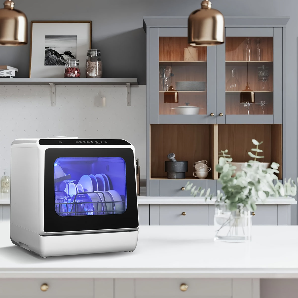 Countertop Dishwasher with 5+2 Programs, Air-Dry, Timer Function, Baby Care, 360° Dual Spray, 167℉ High-Temperature, No Plumbing Required, Portable Dishwasher with 1.32gal Built-in Water Tank, Mini Dishwasher for Home, Apartments, RVs