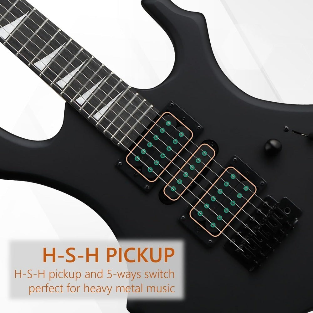 39 Inch Full-Size Matte Black Flame Electric Guitar Starter Kit with H-S-H Pickups, Techwood Fingerboard & Built-in Amp Suitable for Practice, Recording, Performances - Complete Guitar System for Beginners