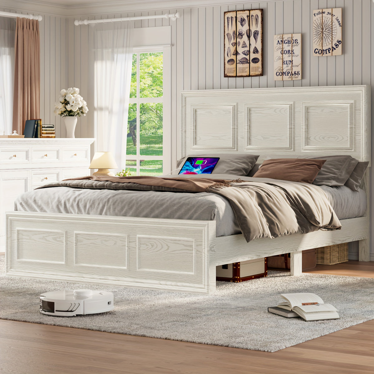 Platform Bed Frame with Headboard, Farmhouse Style, Height Adjustable, Brown and White