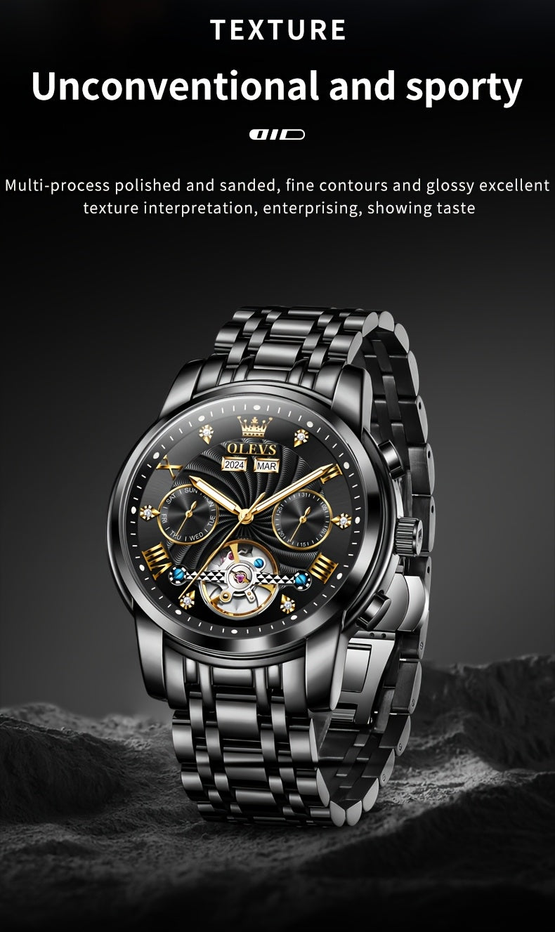 OLEVS Men's Mechanical Watch — Automatic Stainless Steel Wristwatch with Luminous Dual-Calendar Large Dial