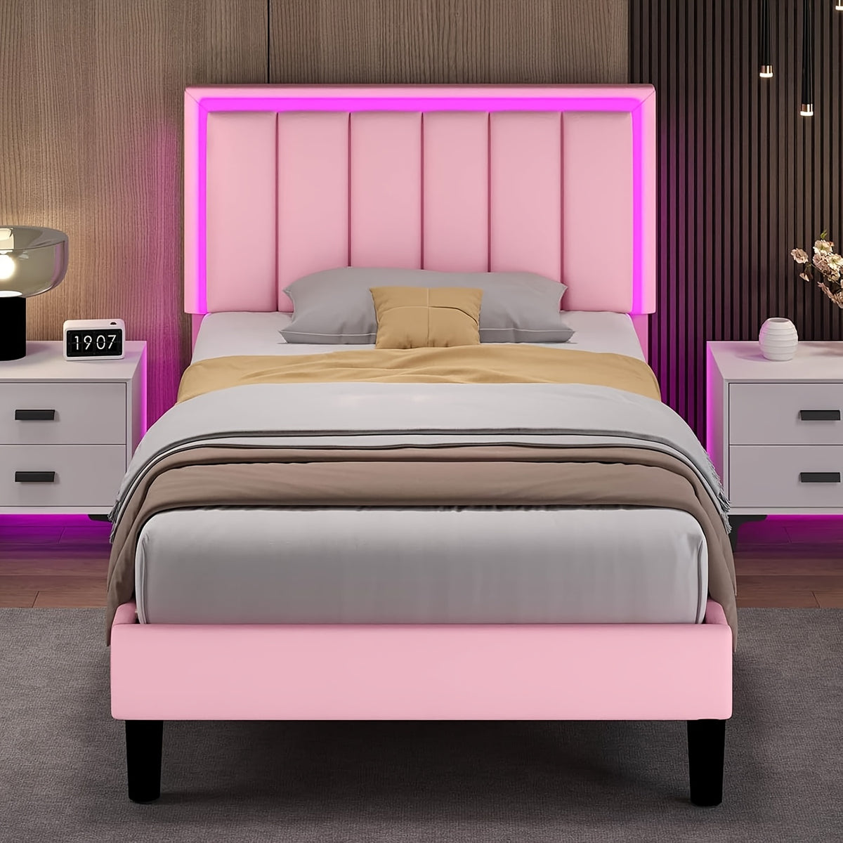 Twin Full Queen Size Bed Frame with LED Lights, Upholstered Queen Size Bed Frame with Headboard And Footboard, Heavy Duty Wood And Metal Slats Support, Noise-Free, No Box Spring Needed, Queen Bed Easy Assembly, Black, White, Pink