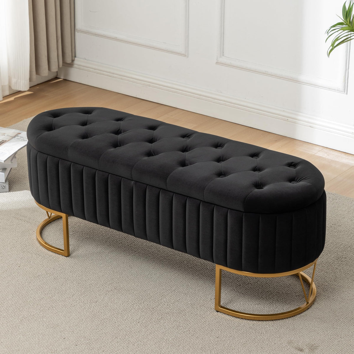 Modern 46”/46.5” (depending on orientation) Oval Velvet Storage Bench with Hinged-Lid Mechanism & Flip-Top Lid - Plush Upholstered Ottoman for End of Bed, Entryway, Living Room - Wood Frame & Luxury Design, Space-Saving Furniture (Standalone)