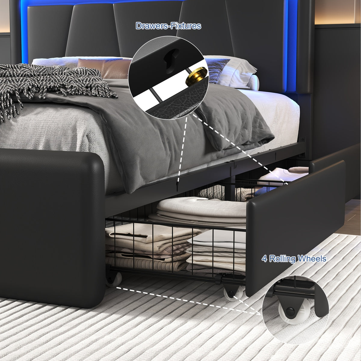 Upholstered Platform Bed Frame with 4 Storage Drawers, Twin/Full/Queen Size Bed Frame with LED Lights And Adjustable Headboard, Metal Slats Support, Charging Station, Easy Assembly, Noise Free, Black/White