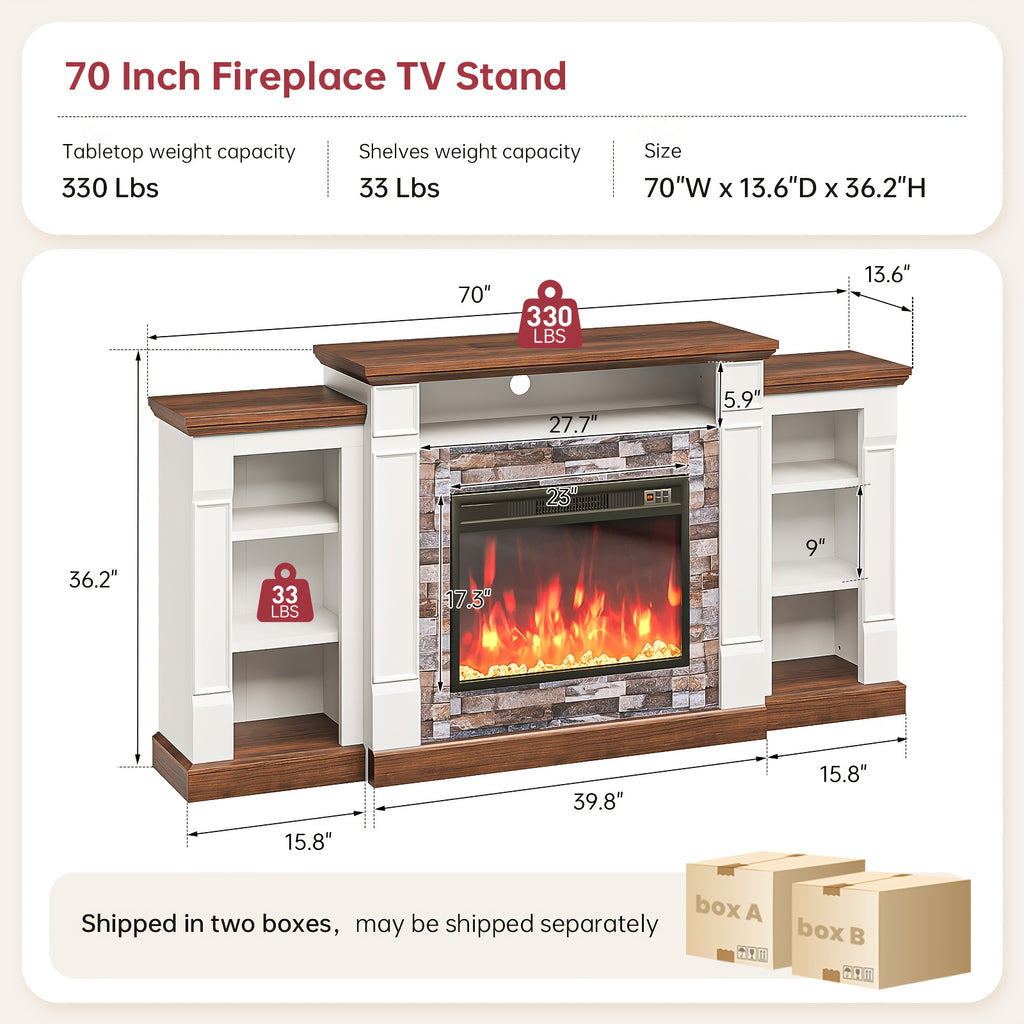 A 70-Inch Television Stand Featuring an Electric Fireplace And Mantel, This Modern Entertainment Unit Provides Open Storage, Remote Control, Adjustable Flames, And LED Lighting, Making It Perfect for Living Rooms And Bedrooms