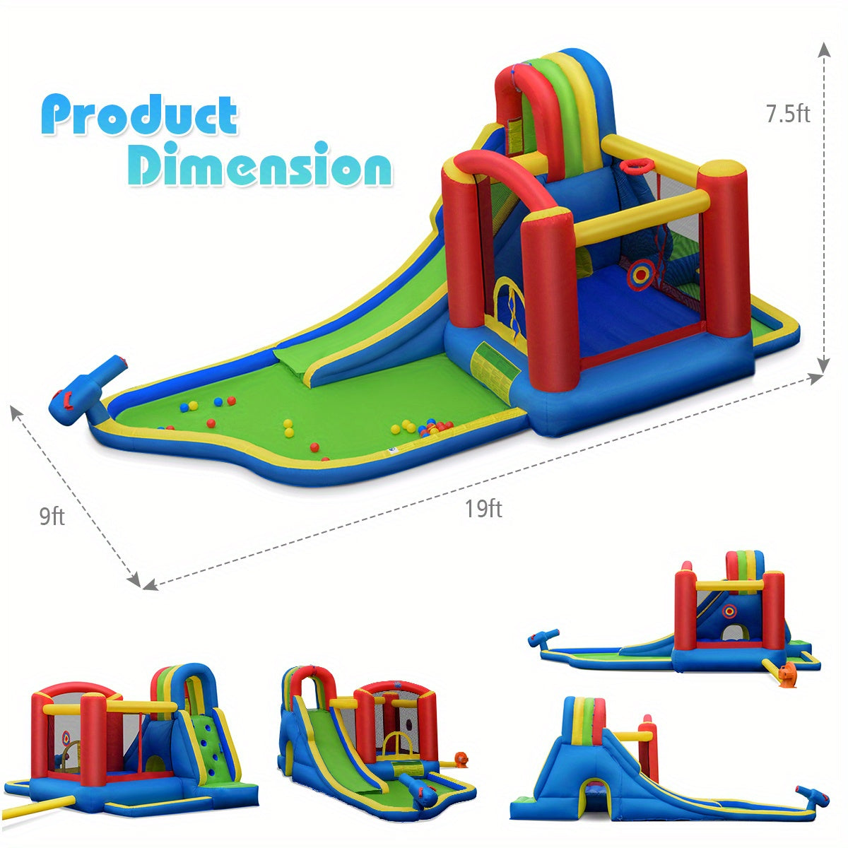 COSTWAY Inflatable Water Slide Park, Inflatable Bounce House W/ Mighty Splash Pool, Climbing Wall, Trampoline &Water Cannon, Jumping Castle for Kid Aged 3-10, Including Carry Bag, Repairing Kit, Stakes, Hose, Ball Pit, 740W Air Blower