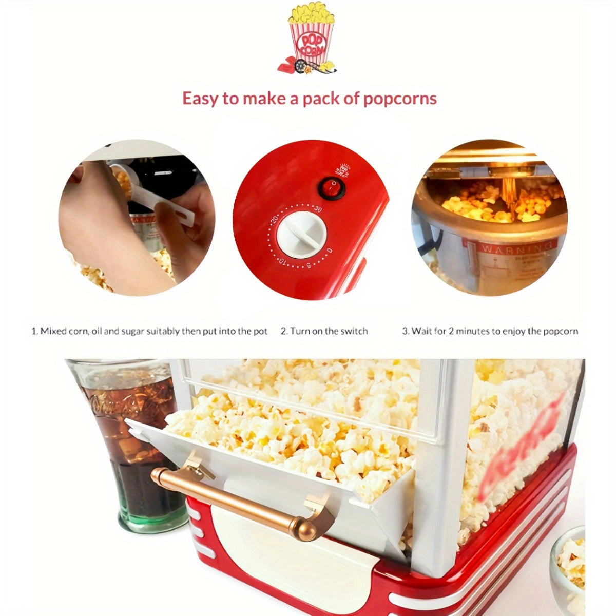 Home Commercial Popcorn Machine Automatic, Party, Desktop High Quality, Simple and Easy to Operate, Miniature Popcorn Maker