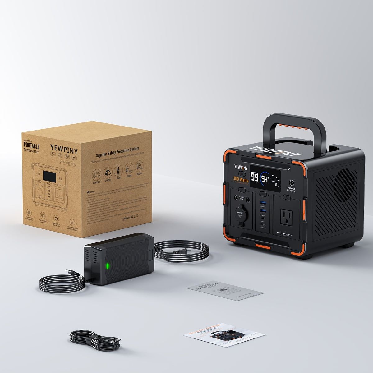 Portable Power Station YEWPINY 300W, 259Wh Battery Backup with Fast and Solar Charging for Outdoor Use