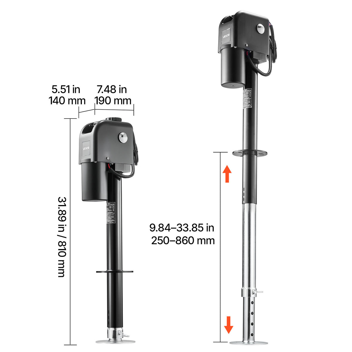 VEVOR Electric Trailer Jack, 7500 lbs Capacity, Electric Power Tongue Jack with Protective Cover & LED Light for Travel Trailer, Camper, RV, 9.84-27.84 in Lift, 12V DC with Wiring, Black