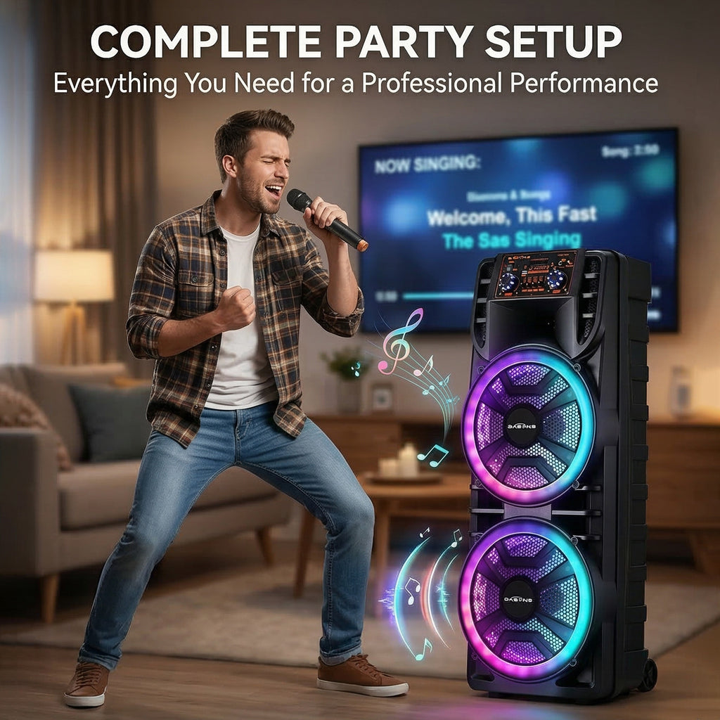 Rechargeable Bluetooth Party Speaker with Dual 12 Inch Woofers, Portable Karaoke System with Mic, RGB Lights, TWS, AUX/USB/TF/FM, Echo Control