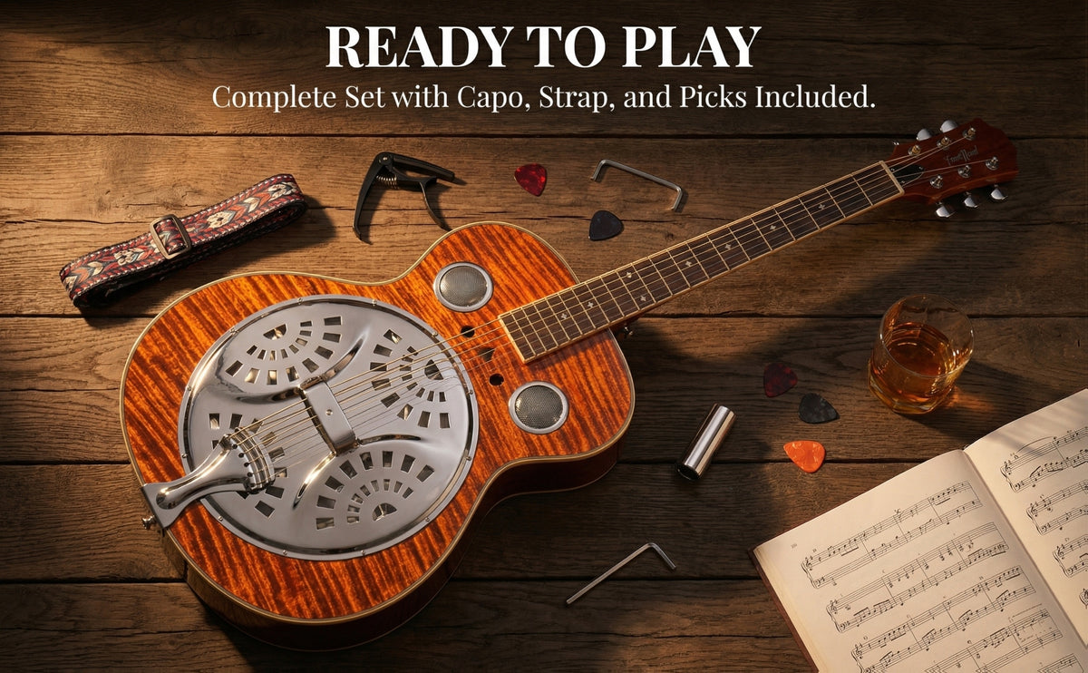 Acoustic Resonator Guitar Full Size 40 Inch Steel String, Beginner Acoustic Guitar Kit With Strap Capo Picks Wrench, Country Bluegrass Folk Blues Slide Fingerpicking Right Handed, Spruce Top Amber Orange Holiday Birthday Gift Musical Instrument