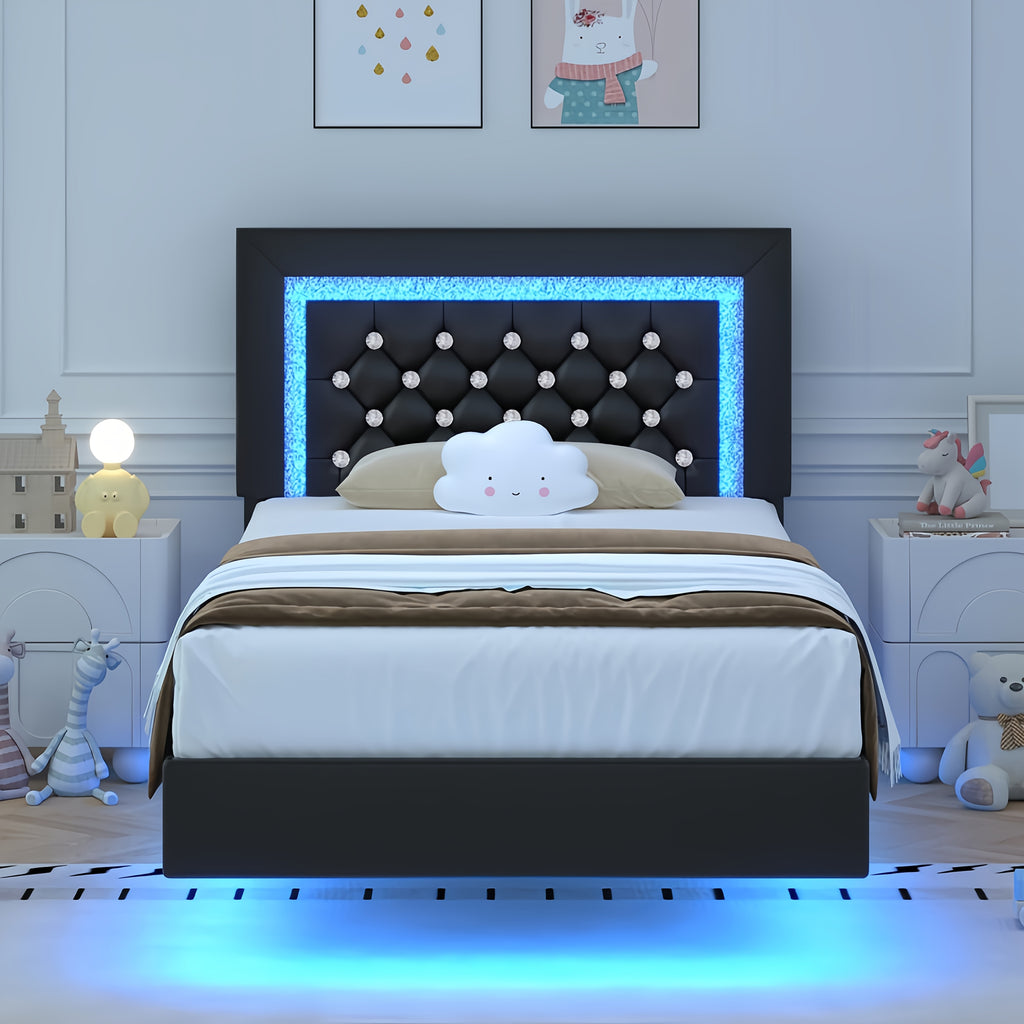 Twin Full Queen King Size Floating Bed Frame with LED Lights, Upholstered Platform Bed with Diamond Tufted Headboard, No Box Spring Needed, Noise Free, Easy Assembly, Black/Pink/White