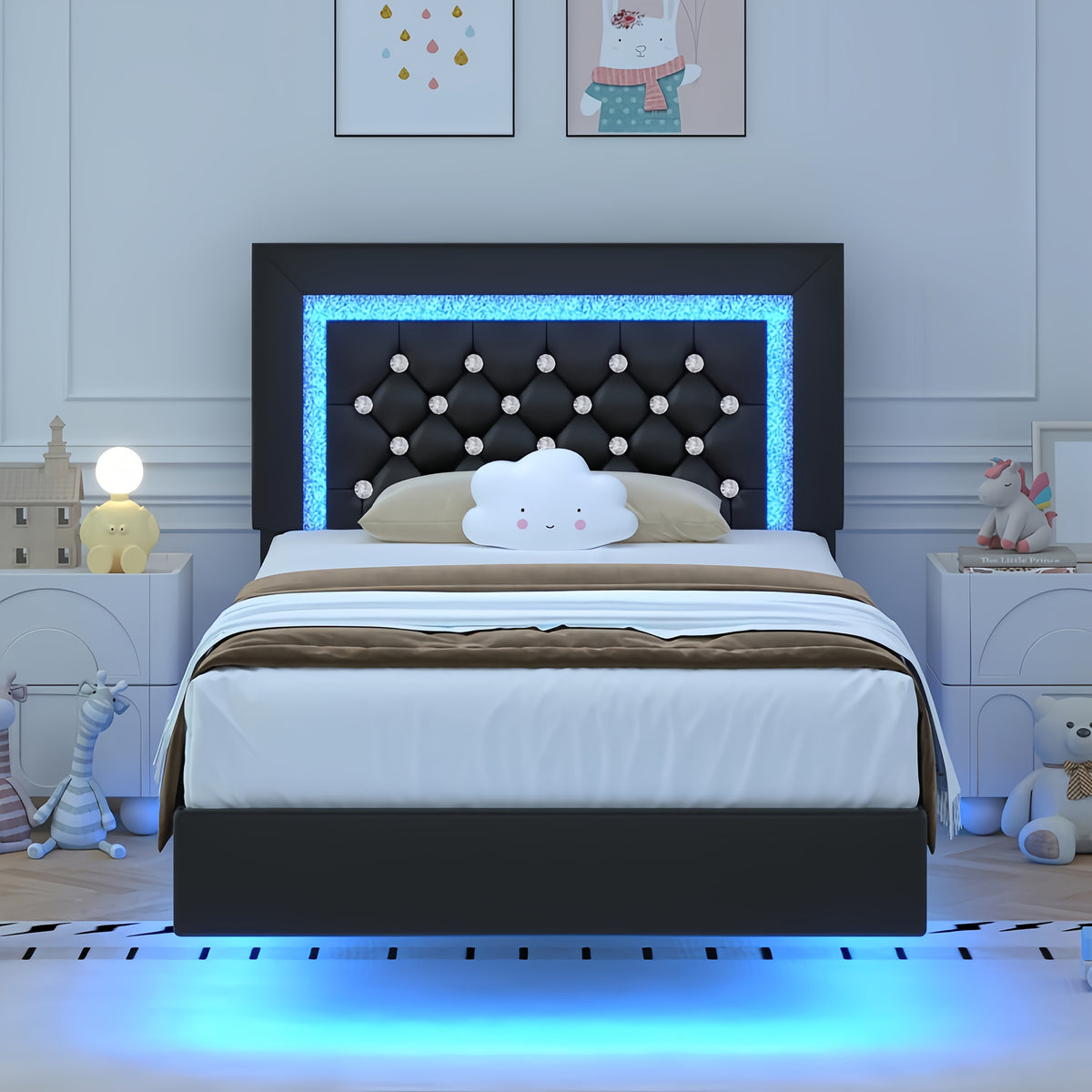 Twin Full Queen King Size Floating Bed Frame with LED Lights, Upholstered Platform Bed with Diamond Tufted Headboard, No Box Spring Needed, Noise Free, Easy Assembly, Black/Pink/White