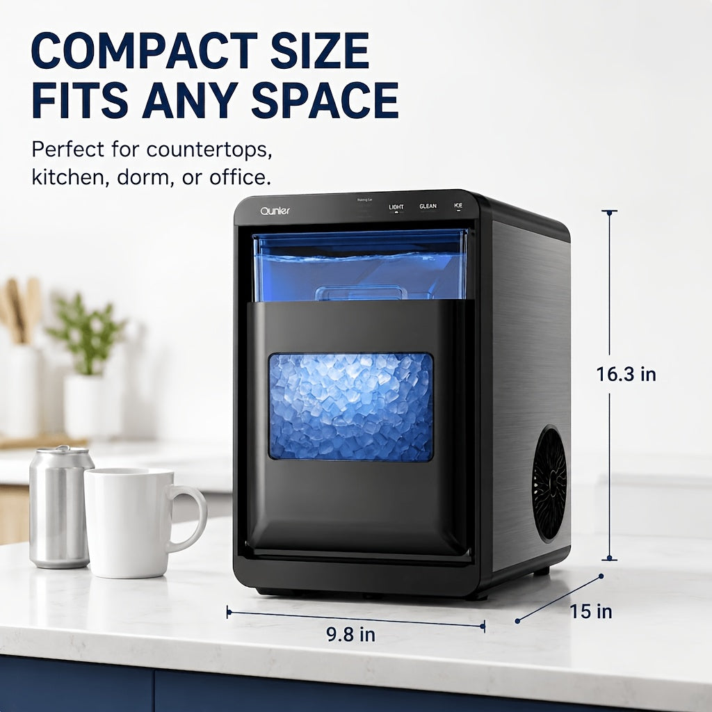 Nugget Ice Maker Countertop, 44 Lbs/Day, Soft Chewable Pebble Ice Machine with Stainless Steel Ice Scoop, for Home, Kitchen, Office, RV & Camping, Stainless Steel, Black