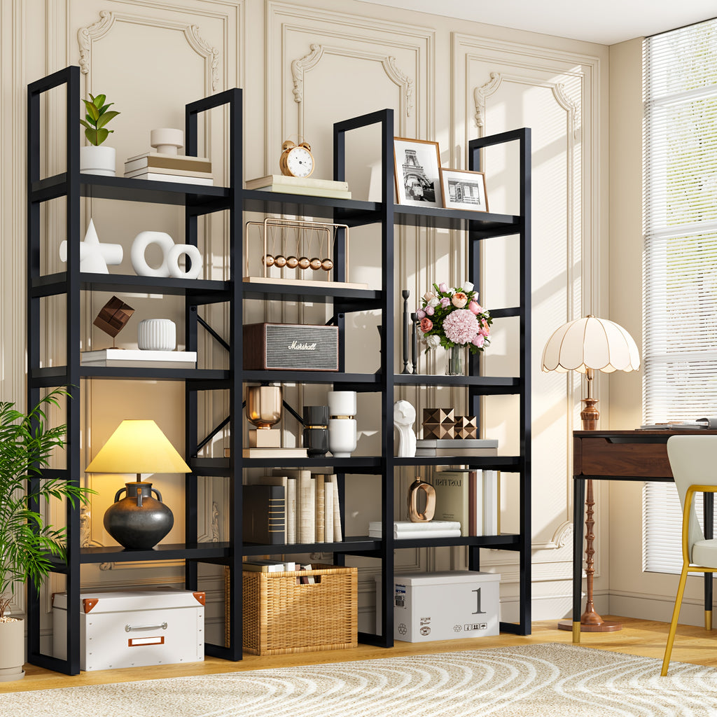 Industrial Bookcase, 71-Inch 5-Tier Triple-Wide Geometric Display Shelf for Home or Office