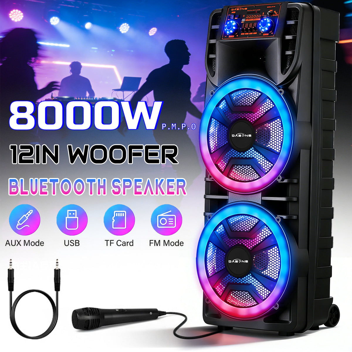 Rechargeable Bluetooth Party Speaker with Dual 12 Inch Woofers, Portable Karaoke System with Mic, RGB Lights, TWS, AUX/USB/TF/FM, Echo Control