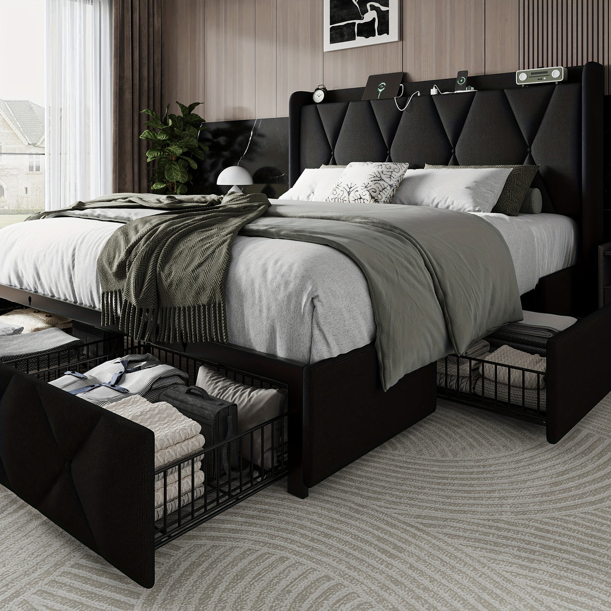 Halence 4 Drawers Storage Bed Frame With Wingback Headboard, Headboard With Built-in Charging Design, Metal And Hardwood Support, Easy Assembly, Suitable For Master Bedroom, Bed Frame Without Mattress