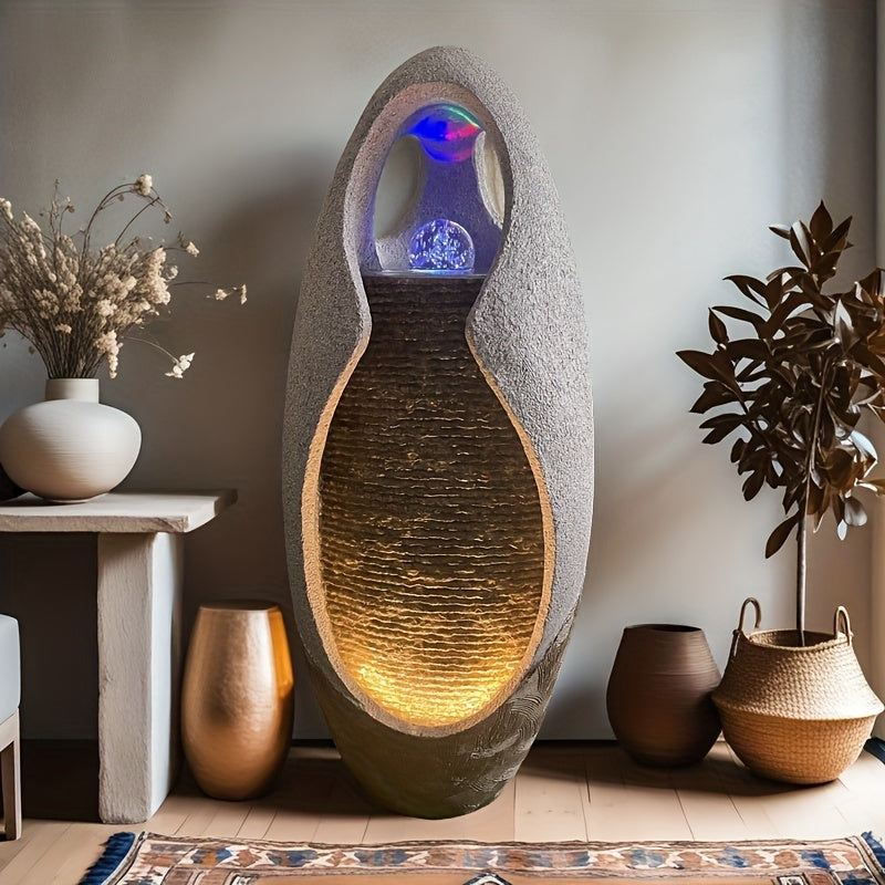 An Indoor Floor Fountain, Standing 27.55 Inches Tall. It's A Home Decor Item, A Large Cobblestone Floor Fountain Ornament, Complete with A Glass Ball And Lighting Features.