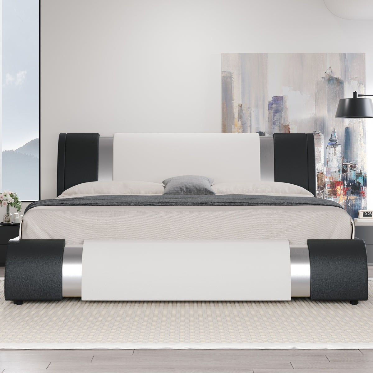 HOOMIC Contemporary Imitation Leather Bed Structure Featuring Metal Accents, Low-Set Platform Bed with Adjustable Headboard, Sturdy Wooden Slat Support, No Box Spring Required