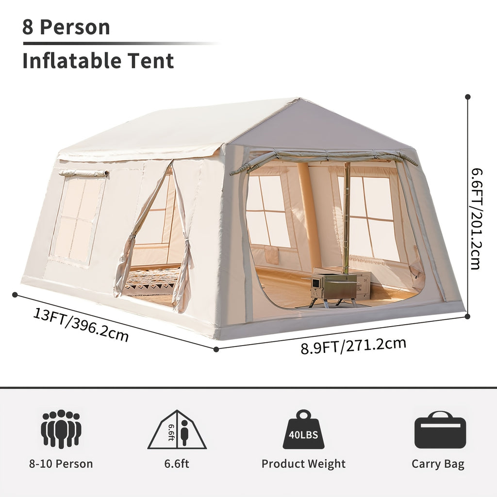 LILYPELLE 6-12 Person Ridge-Style Inflatable Camping Tent with Manual Pump, Large Mesh Windows And Curtain Divider, Four-Season Use, Easy Setup, Ideal for Groups And Families