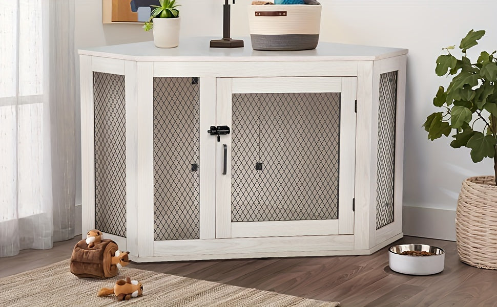 [Wooden Dog Kennel Furniture] Corner Dog Crate Furniture, 44/52Inch Wooden Dog Kennel Furniture with Mesh, Decorative Wood Dog House for Indoor Use, Dog Crate for Small/Medium Dog, Perfect for Limited Room