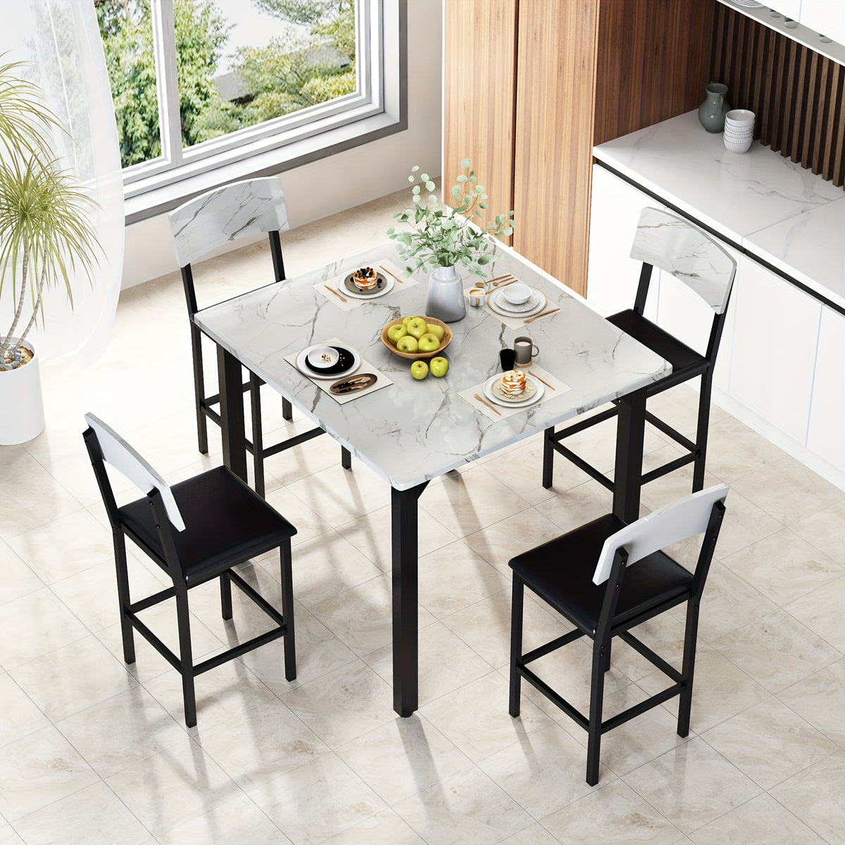 5pcs Dining Table and Chair Set, Modern Contemporary Kitchen Furniture with Upholstered Chairs, Rectangle Mixed Color Counter Height Table and 4 Bar Stools, Compact for Small Space, Imitation Marble Texture, Suitable for Living Room and Bar