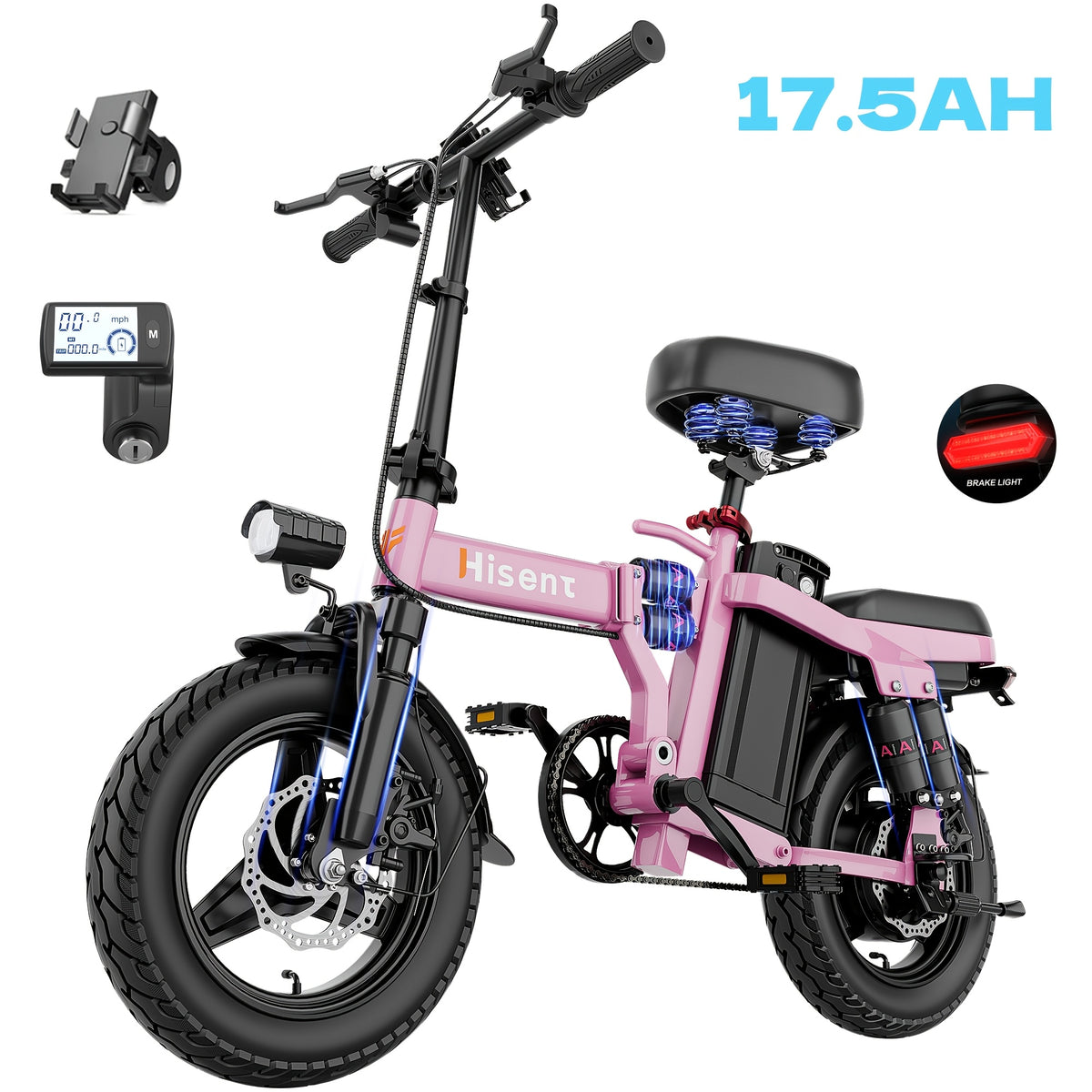 Hisent Folding Electric Scooter, 500W Brushless Motor, Speed 19.9mph, Dual Suspension System, Full Shock Absorption, 48V 10AH-17.5AH Battery(optional), 15-35 Miles Range, 14-inch High-quality Tires, With Double Seats