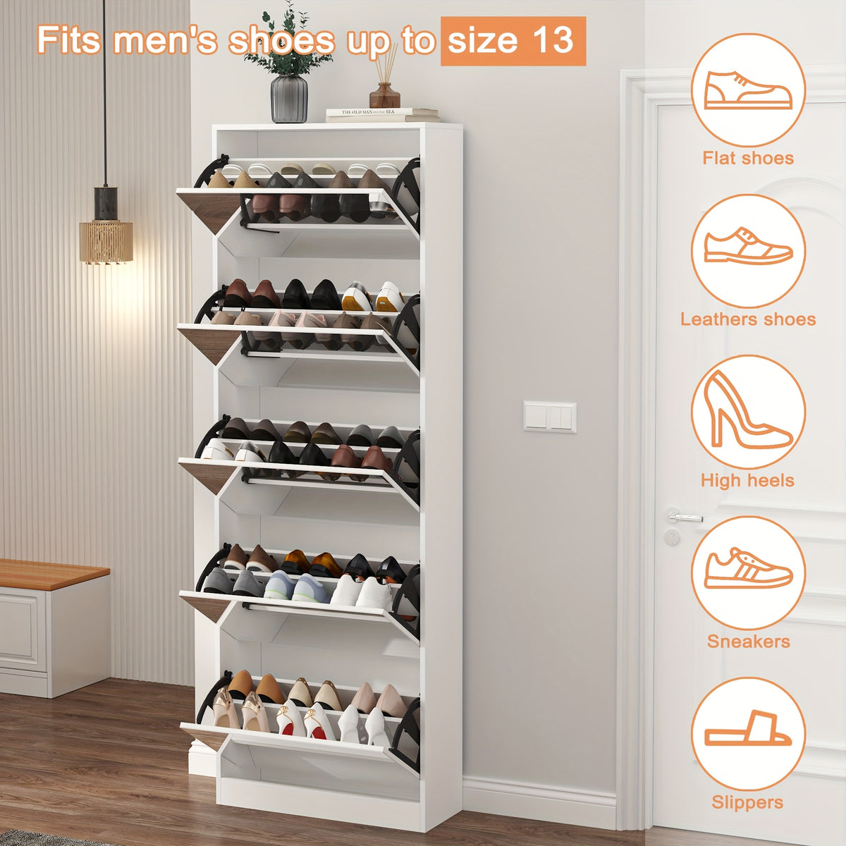 Organizedlife Large Capacity Shoe Cabinet with Full Length Mirror, 5 Flip Drawer Shoe Storage Cabinet, Wooden 2-Tier Shoe Rack Organizer Holds 13-30 Pairs, Slim Tipping Bucket Shoe Cabinet for Entryway, Hallway, Foyer