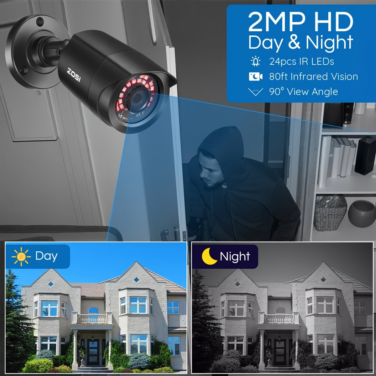 ZOSI H.265+ 8CH 5MP Lite DVR with 8 Units of 2MP 1080P HD Home Security Cameras, Featuring CCTV IR Night Vision, Automatic Motion Tracking, Instant Alerts, LED Indicators, Manual Configuration, And Support for Multiple Languages