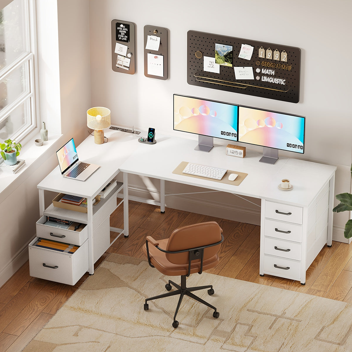 55-inch L-shaped Computer Desk with 6 Fabric Drawers and Power Outlets, Featuring a Flip-up Storage Shelf and File Drawer, a Home Office Corner Desk