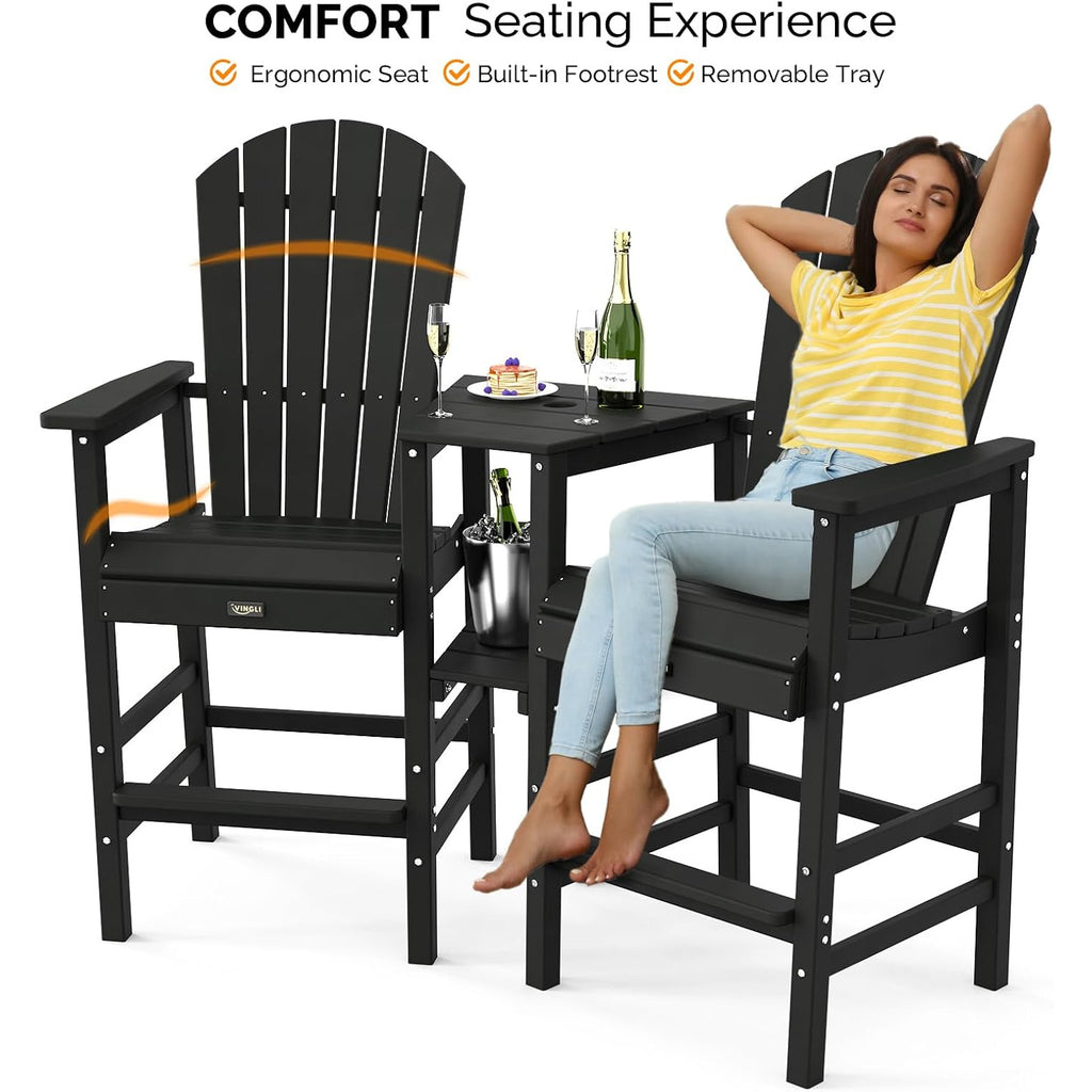Tall Adirondack Chairs Set of 2 HDPE Balcony Chair with Double Connecting Tray Weather Resistant Outdoor Bar Stools for Patio Deck Lawn Pool Backyard Black