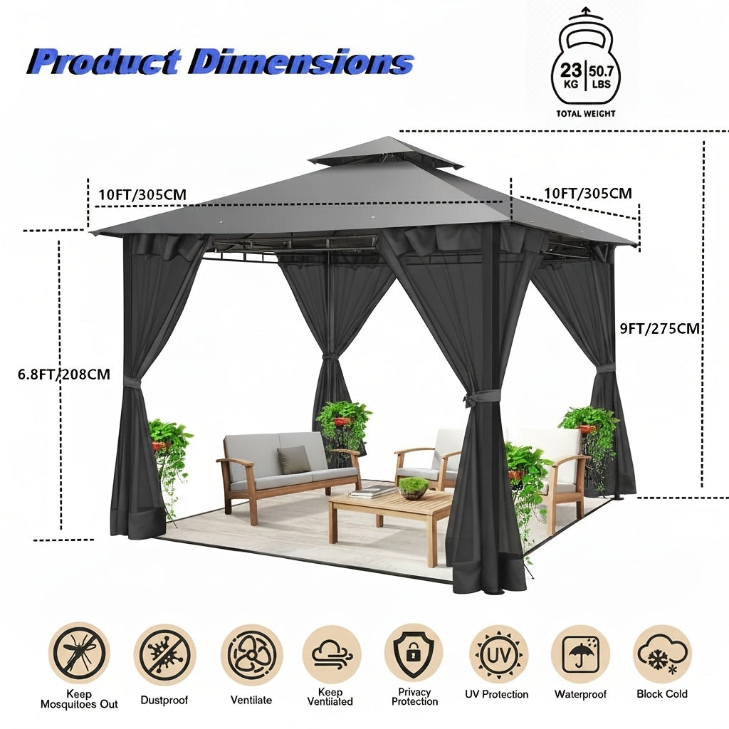 10×13ft Wedding Party Canopy, Outdoor Folding Gazebo, With 4 Detachable Mosquito Net Walls, With Ground Stakes, Easy Set Up, Sun Protection, Double Roof Design, Suitable For Garden, Courtyard, Outdoor, Villa, Terrace, Deck, Birthday Gift, Game Tent