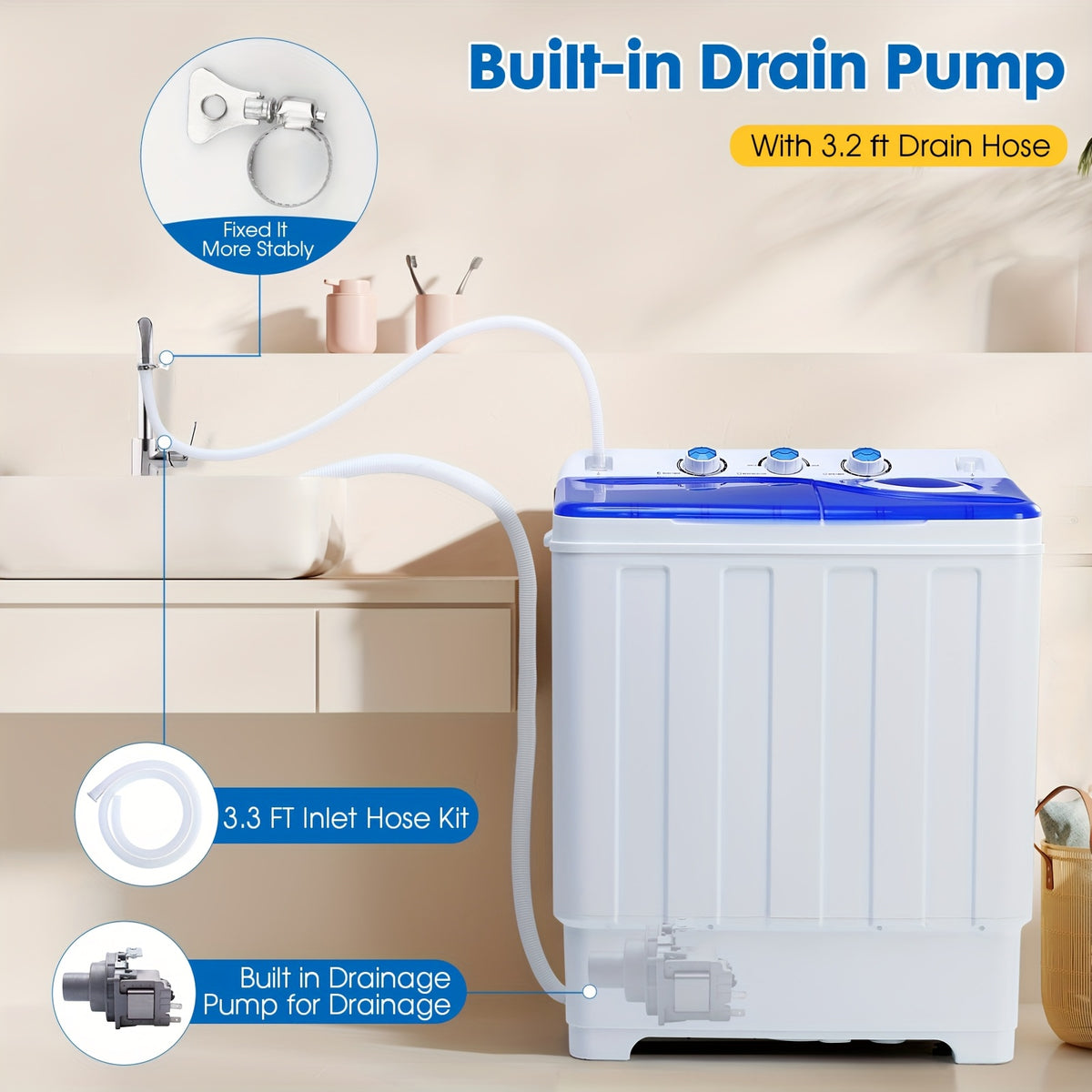 PLENTORA Portable Washing Machine Twin Tub - 28Lbs Compact Washer (18Lbs) And Dryer (10Lbs) Combo with Drain Pump - Mini Laundry Machine for Apartments, Dorms, Rvs, And Camping