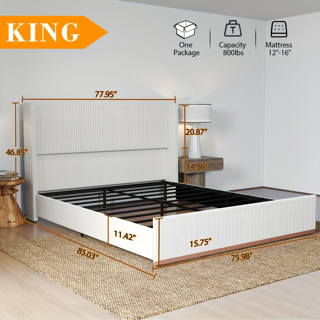 Queen/King Size Upholstered Platform Bed Frame with Vertical Channel Tufted Wingback Headboard, Soft Corduroy Bed with Solid Steel Slats, No Box Spring Needed, Noise Free, Easy Assembly, Modern White