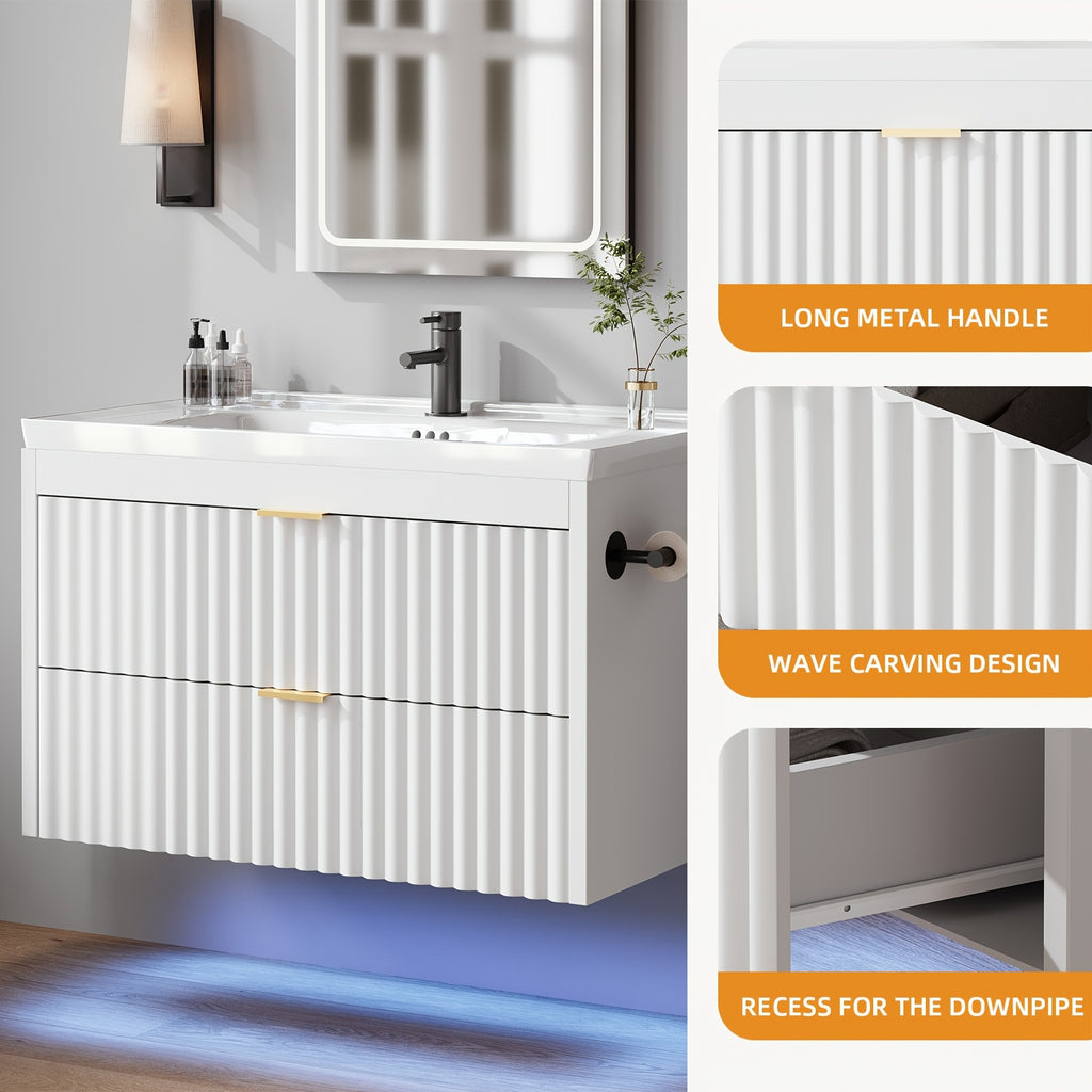 24" Wall Mount Floating Bathroom Vanity with LED Lighting, 3-Hole Ceramic Sink Included, Wave Fluted Textured Cabinet Door, 2 Soft Close Drawers, Modern Suspended Bathroom Vanity Cabinet for Small Bathrooms, Black & White Optional
