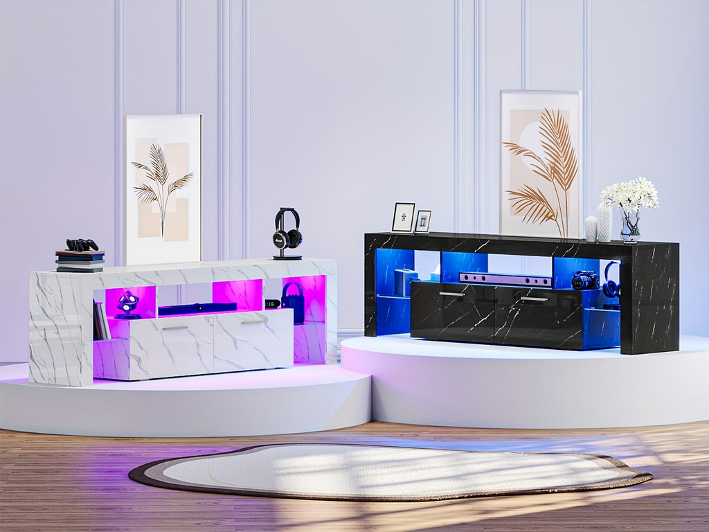 66 Inch White Black Marble TV Stand For 75 Inch TV, LED Gaming Entertainment Center, Glossy TV Console Table With Storage Drawers And Glass Shelves Xbox PS5 Game Console Cabinet For Living Room