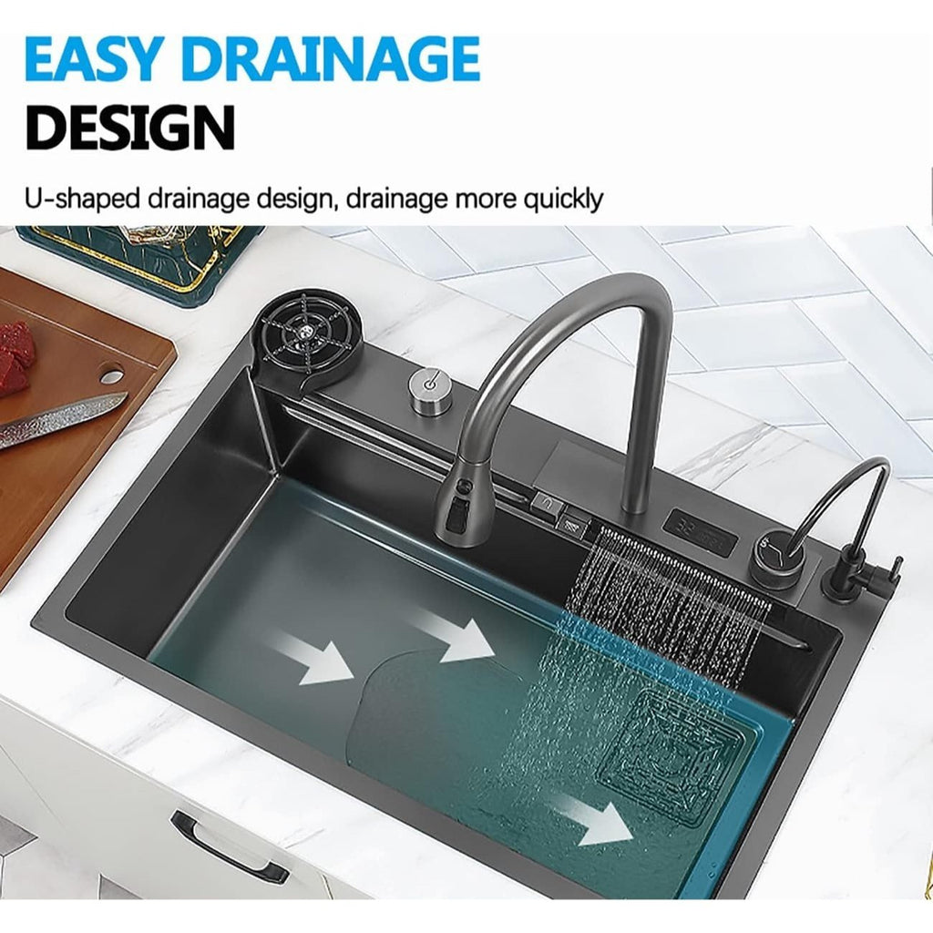 33x22 INCH Black Nano Drop In Kitchen Sink 304 Stainless Steel Waterfall Sink with Pull Down Spray head Faucet Single Bowl Drop In Kitchen Sink Workstation