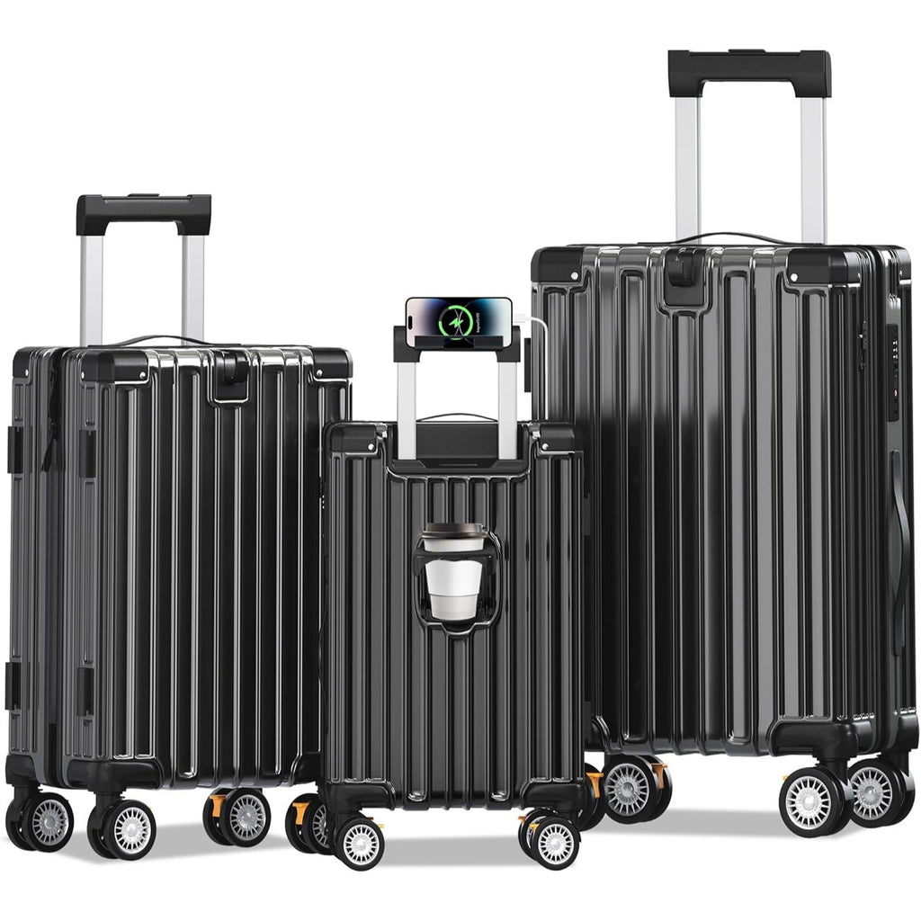 OYEROL 3pcs Hardshell Luggage Set, 20/ 24/ 28 Inch Lightweight ABS+PC Suitcase with TSA Lock, 360° Double Spinner Wheels, Expandable Design for Men & Women Travel, Black