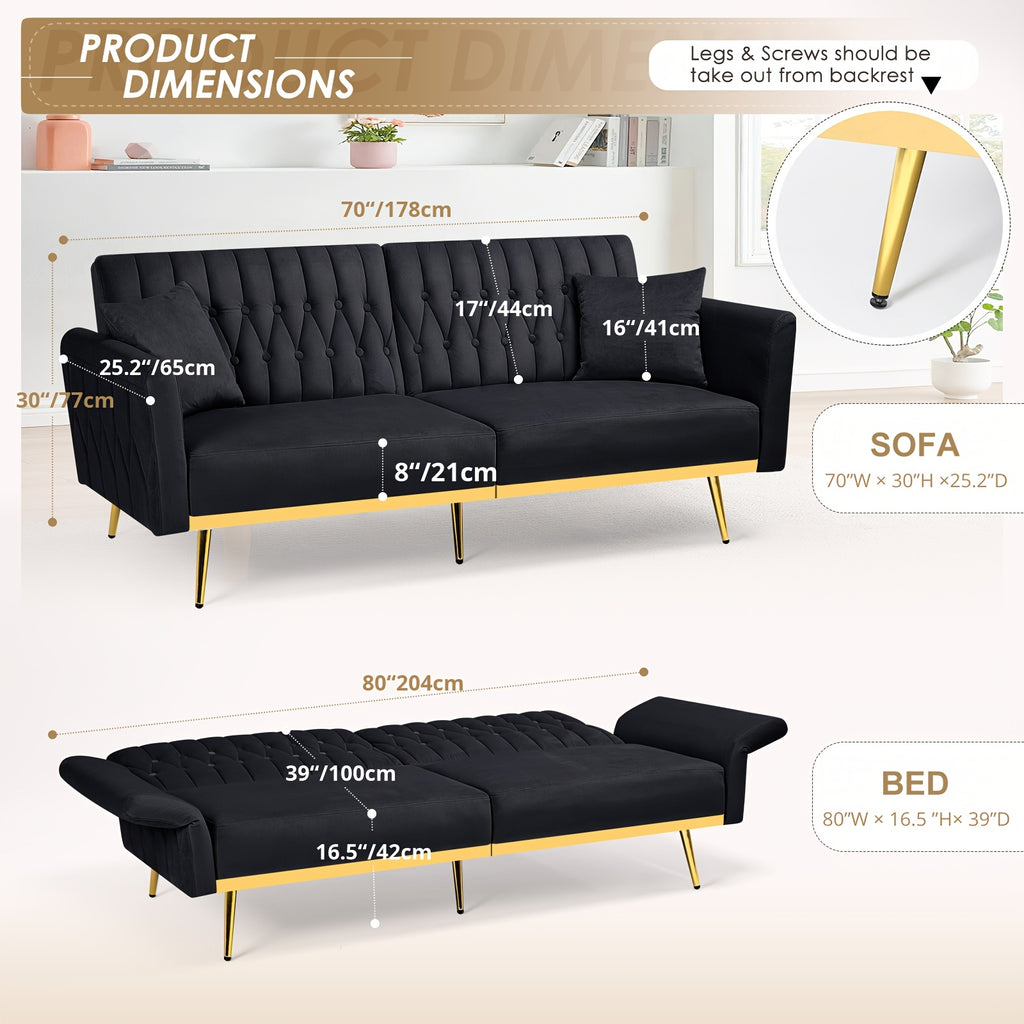 ACMEASE 70-Inch Velvet Convertible Sofa Bed with 2 Pillows, Adjustable Backrest And Armrest Tufted Sleeper Sofa with Golden Metal Legs for Living Room