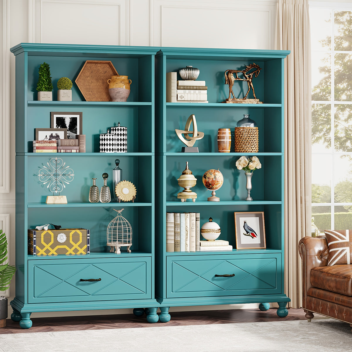 Modern 6-Shelf Bookcase with Drawer, 71 Inch Tall Floor Standing Bookshelf with Solid Wood Legs, 6-Tier Large Open Display Storage Book Shelf for Living Room, Bedroom, Home Office, Ocean Blue