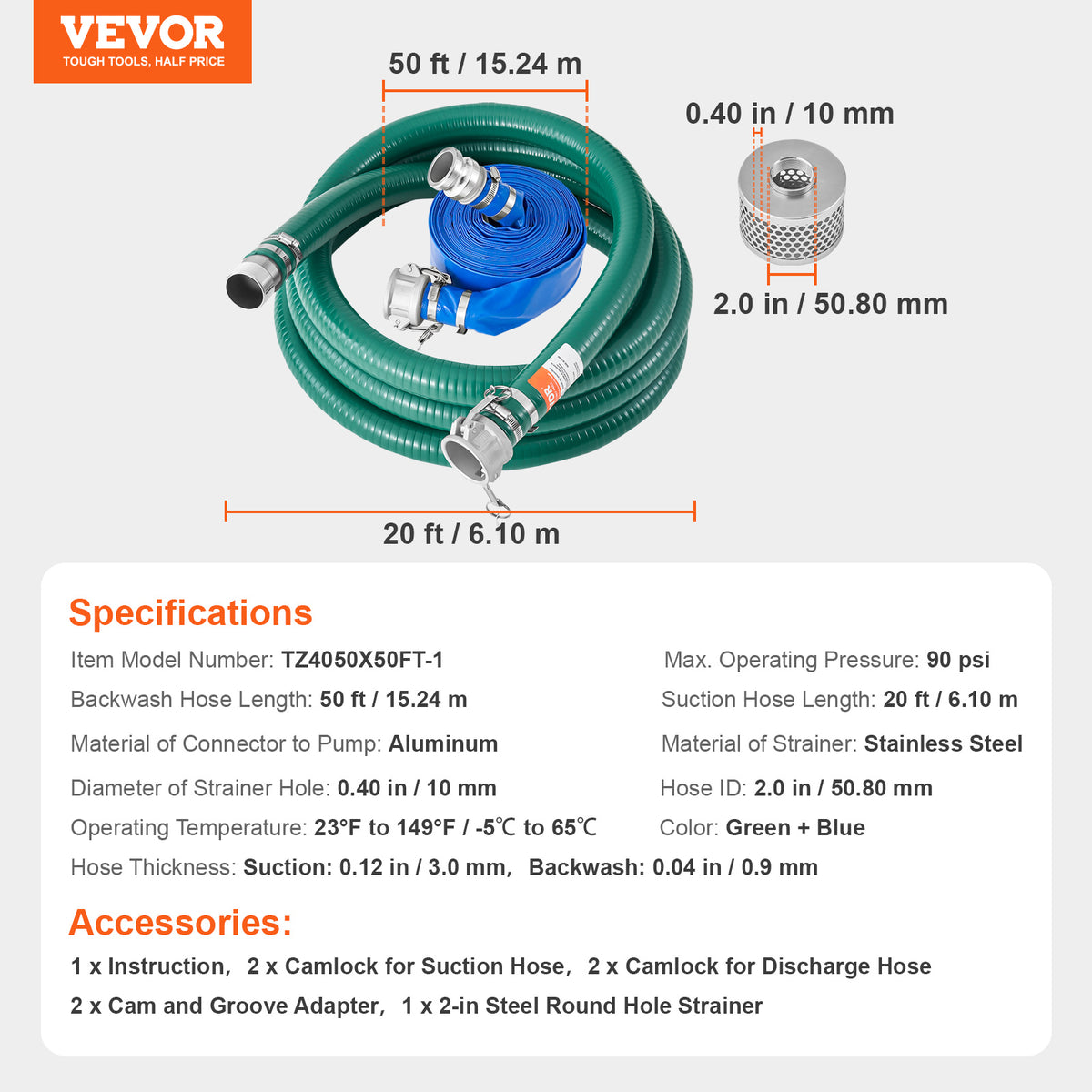 VEVOR Suction Hose Kit for Water Pump 2 in x 20 ft Green/ 50/65 ft Blue Hoses