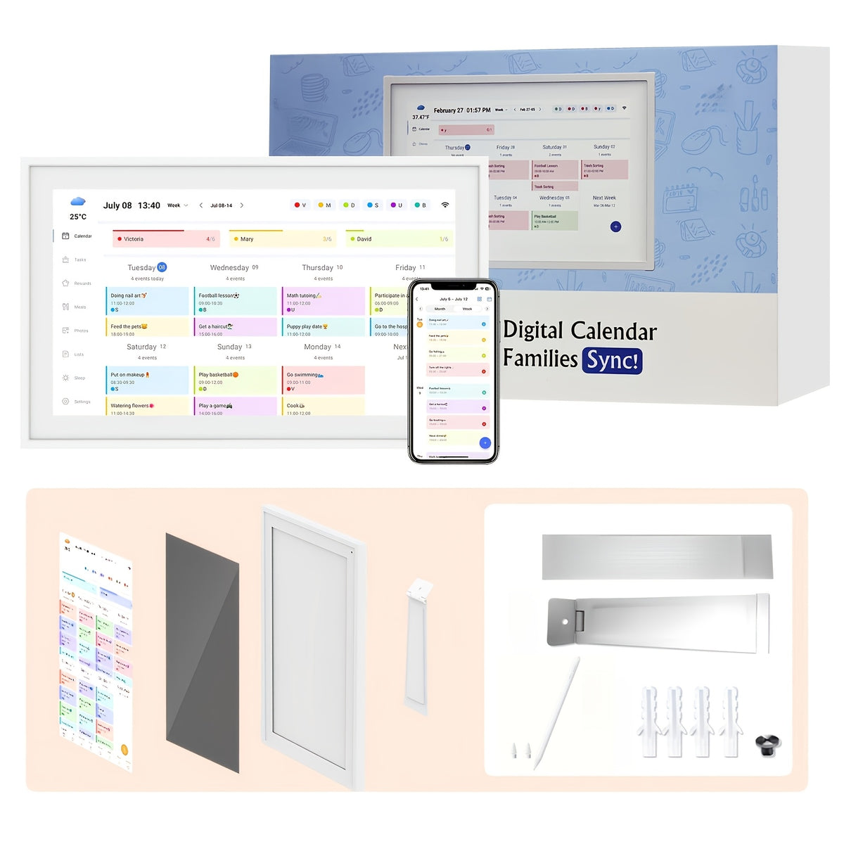 Digital Calendar Software, Size 10.1 Inches - An Interactive Online Scheduling Tool with A Color Grid, Recurring Events And Management Functions, No Installation Required, Including A Kit Of Nails, Supports, Electronic Pens, Etc.