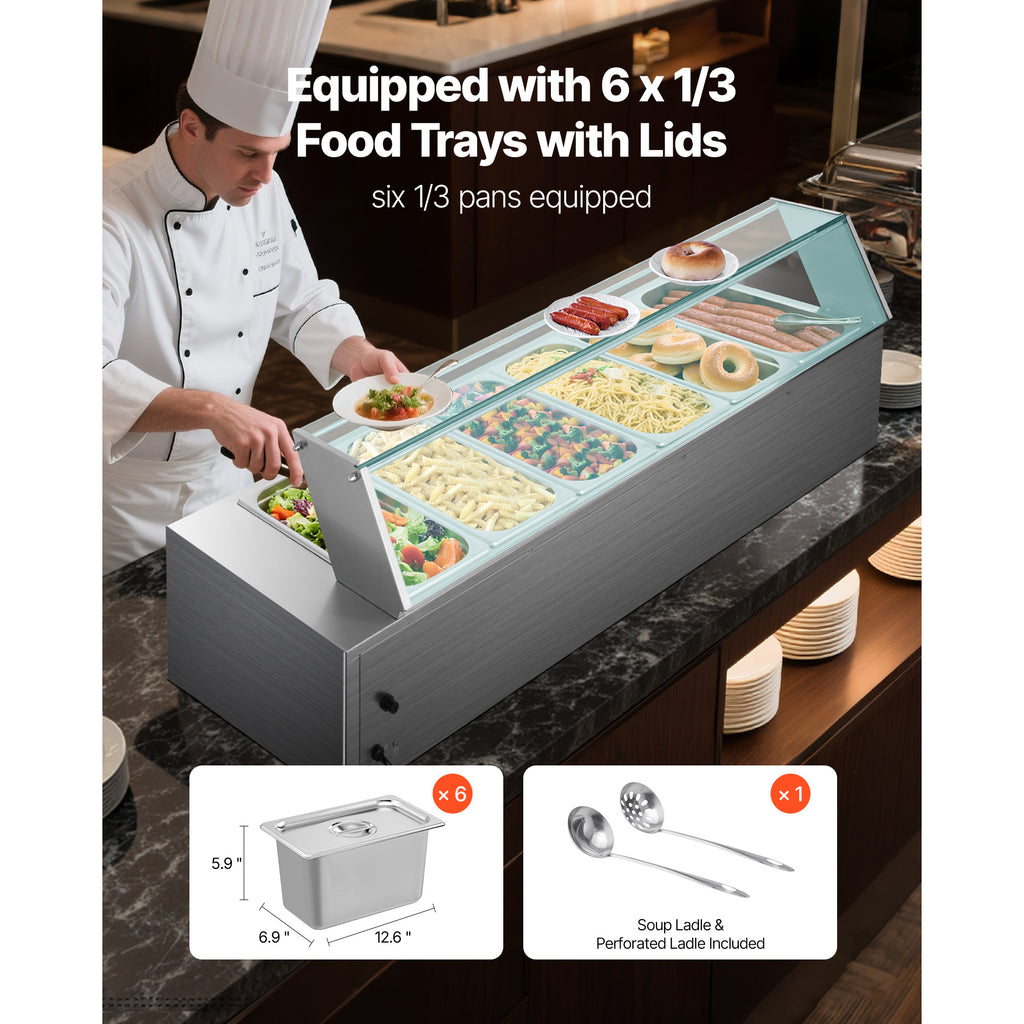 VEVOR Commercial Food Warmer, 1500W Electric Stainless Steel Steam Food Warmer with Glass Cover, 6 x 1/3 Size Pans Buffet Bain Marie with Soup & Perforated Ladles, for Catering, Restaurant & Party