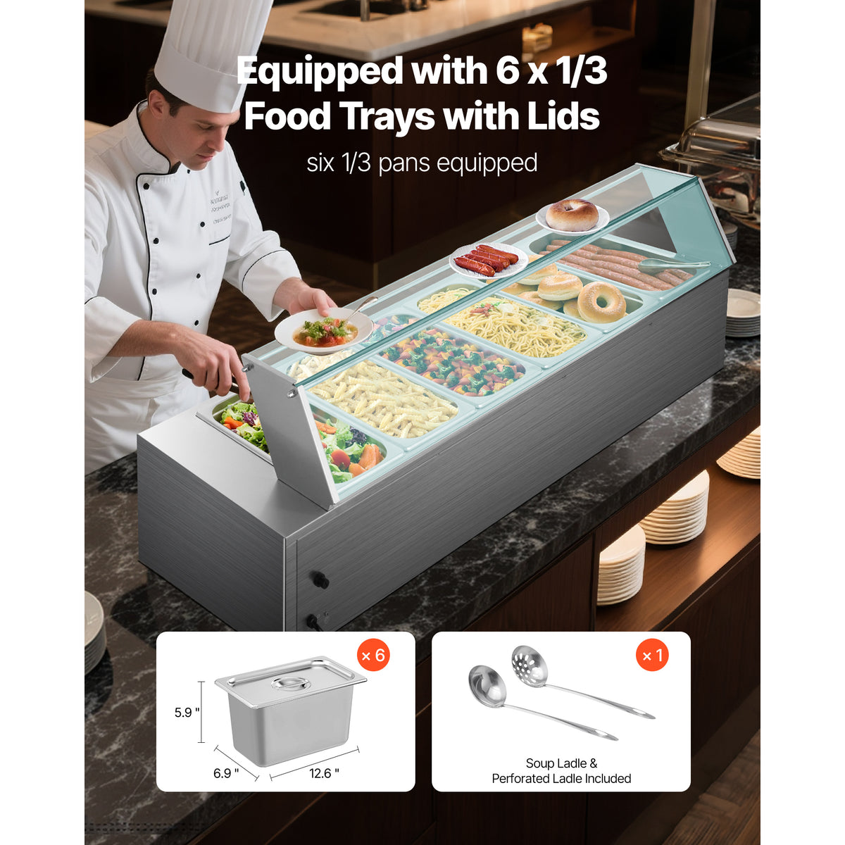 VEVOR Commercial Food Warmer, 1500W Electric Stainless Steel Steam Food Warmer with Glass Cover, 6 x 1/3 Size Pans Buffet Bain Marie with Soup & Perforated Ladles, for Catering, Restaurant & Party