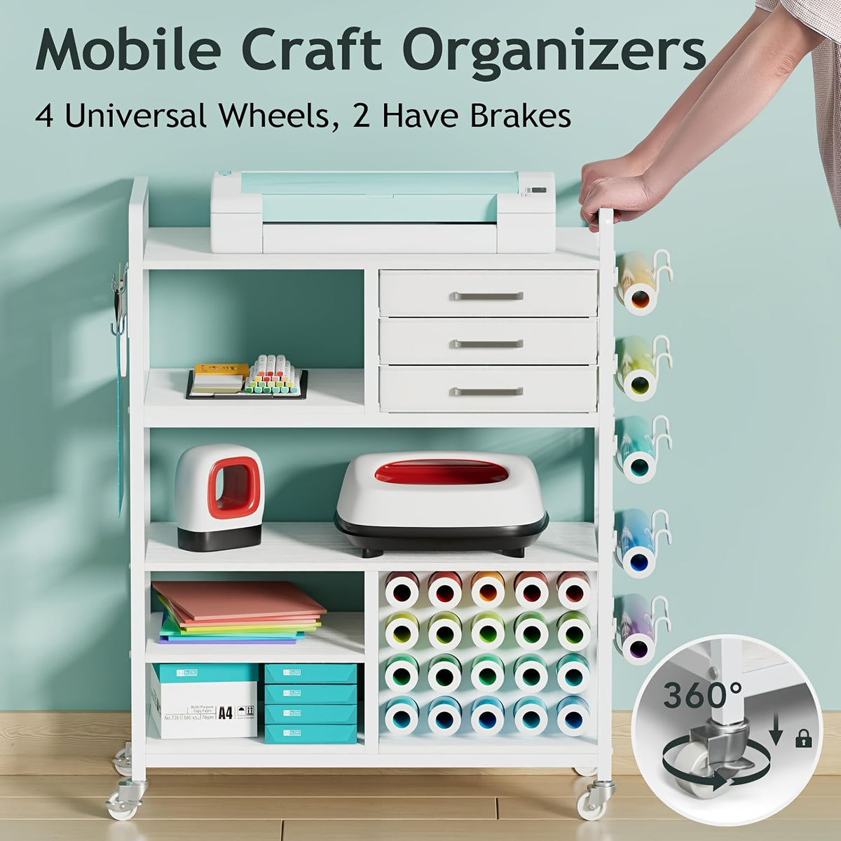 Craft Cart And Organizer Table Compatible - Rolling Storage Cart/Shelf with 20 Vinyl Roll Holders, 3 Fabric Drawer, Accessories Holder, Tool Hook for Craft Room Home, Office, Storage Cabinets